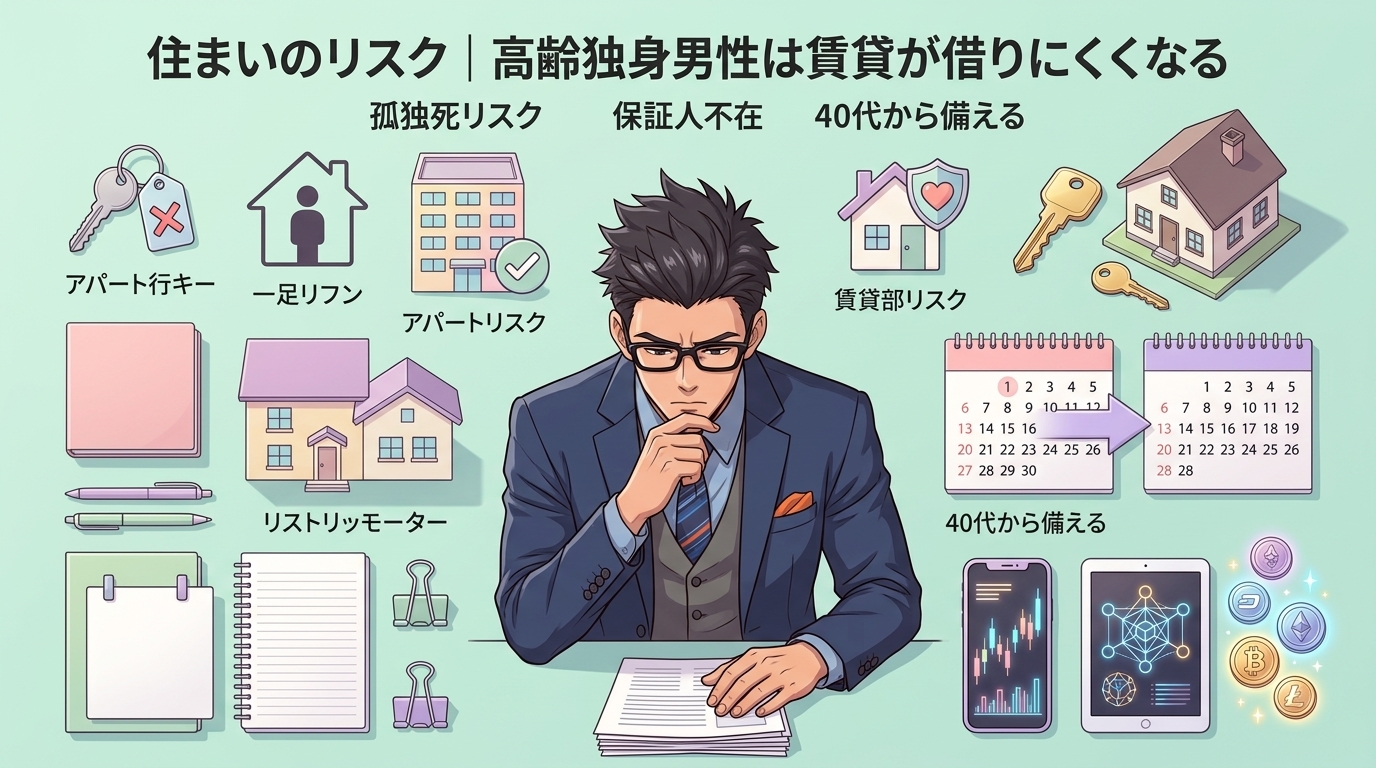 4人に1人が断られる現実について孤独死リスクや保証人不在や40代から備えるなどの要素を描いたイラスト