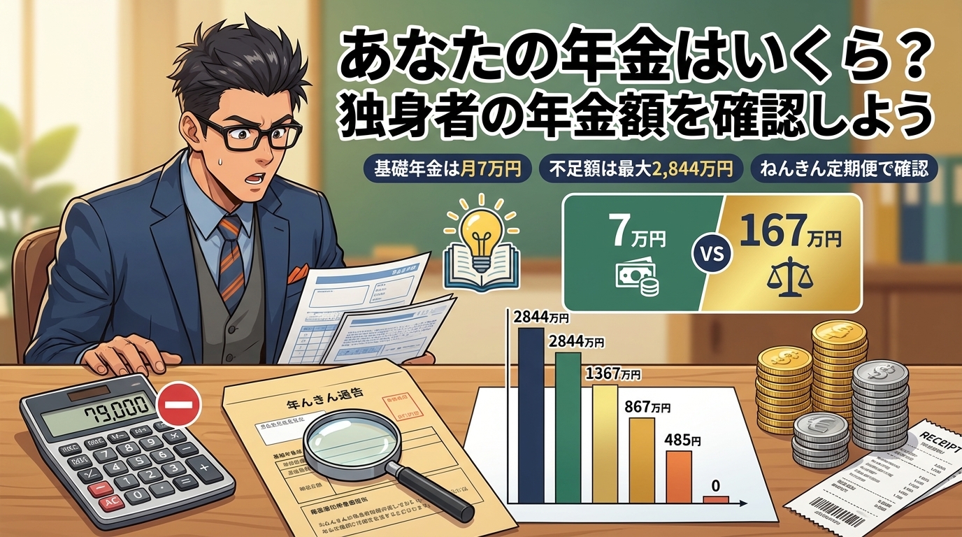 年金だけで足りる?について基礎年金は月7万円や不足額は最大2,844万円やねんきん定期便で確認などの要素を描いたイラスト
