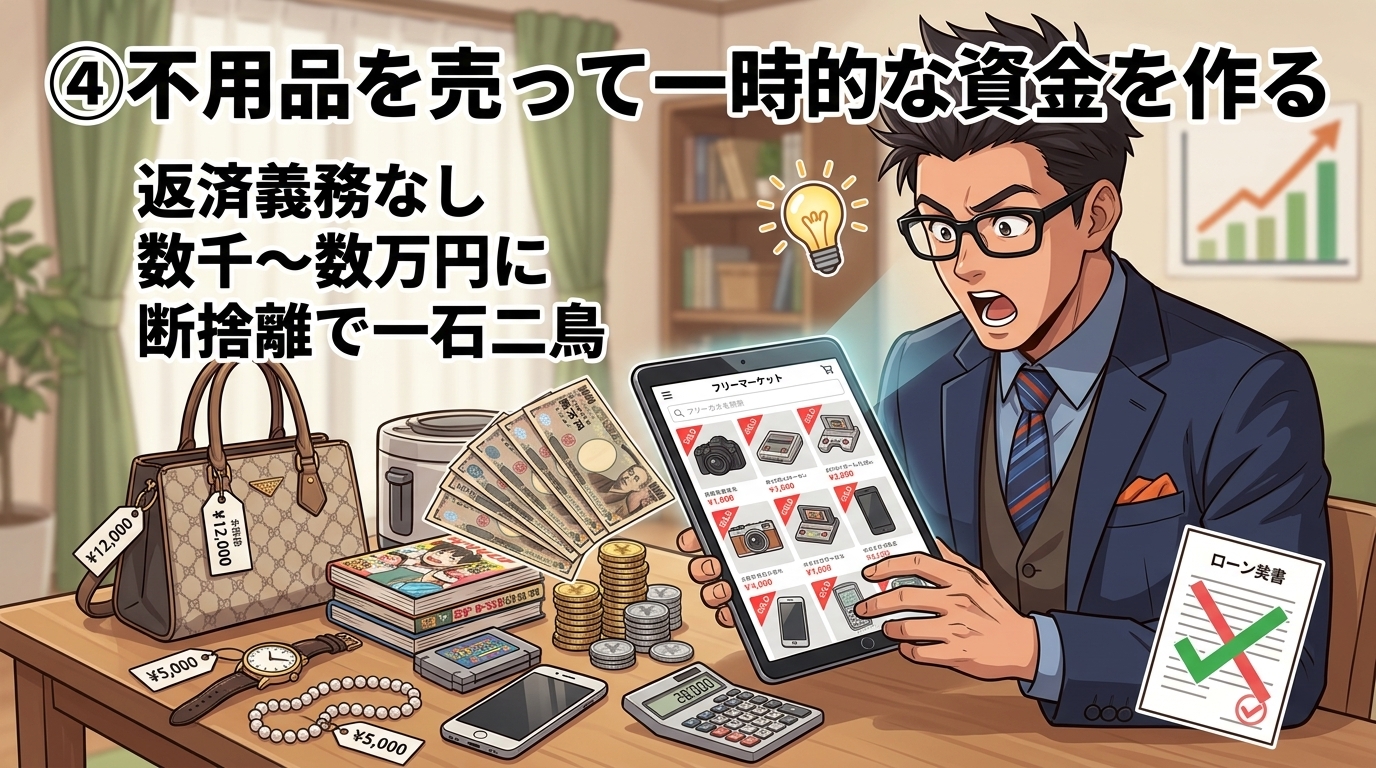 家の中が現金に変わるについて返済義務なしや数千〜数万円にや断捨離で一石二鳥などの要素を描いたイラスト
