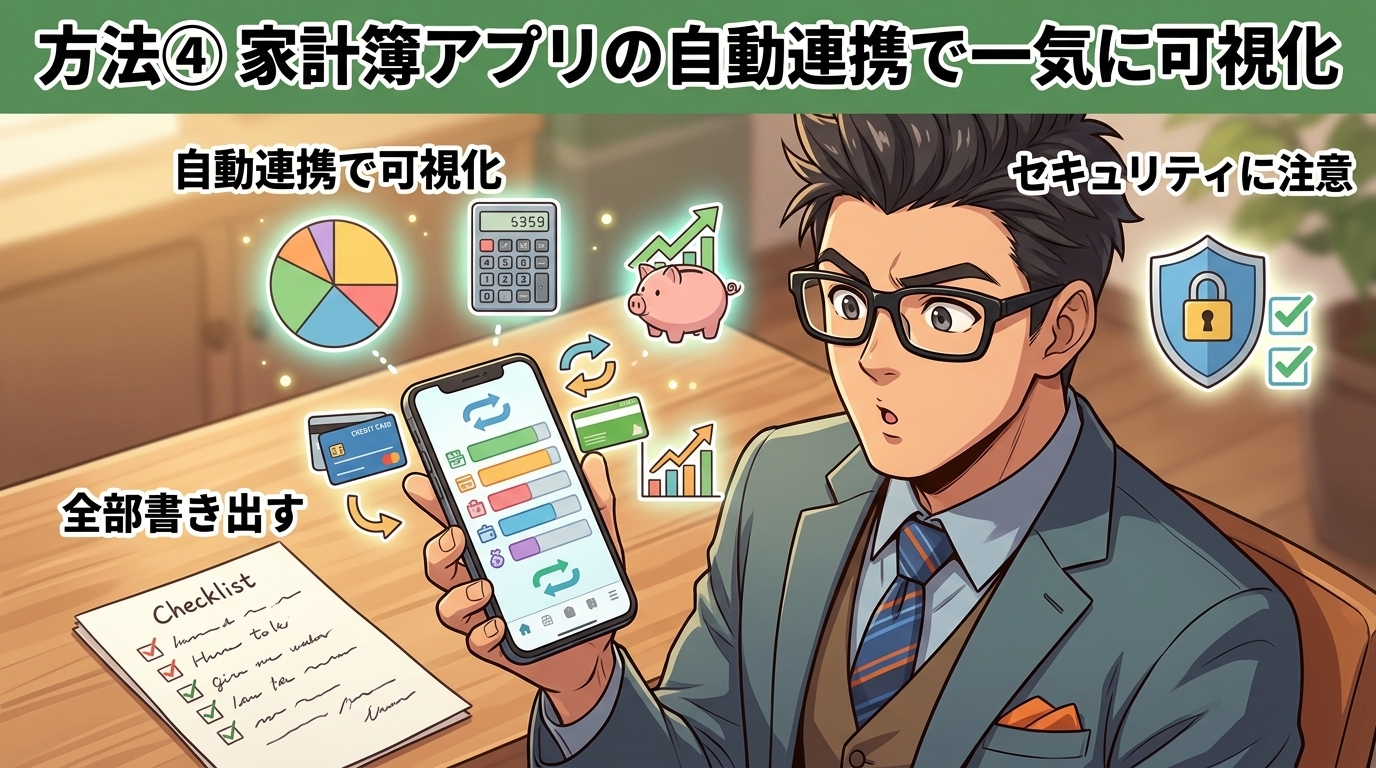 書き出すだけで整理の半分は終わるについて自動連携で可視化やセキュリティに注意や全部書き出すなどの要素を描いたイラスト