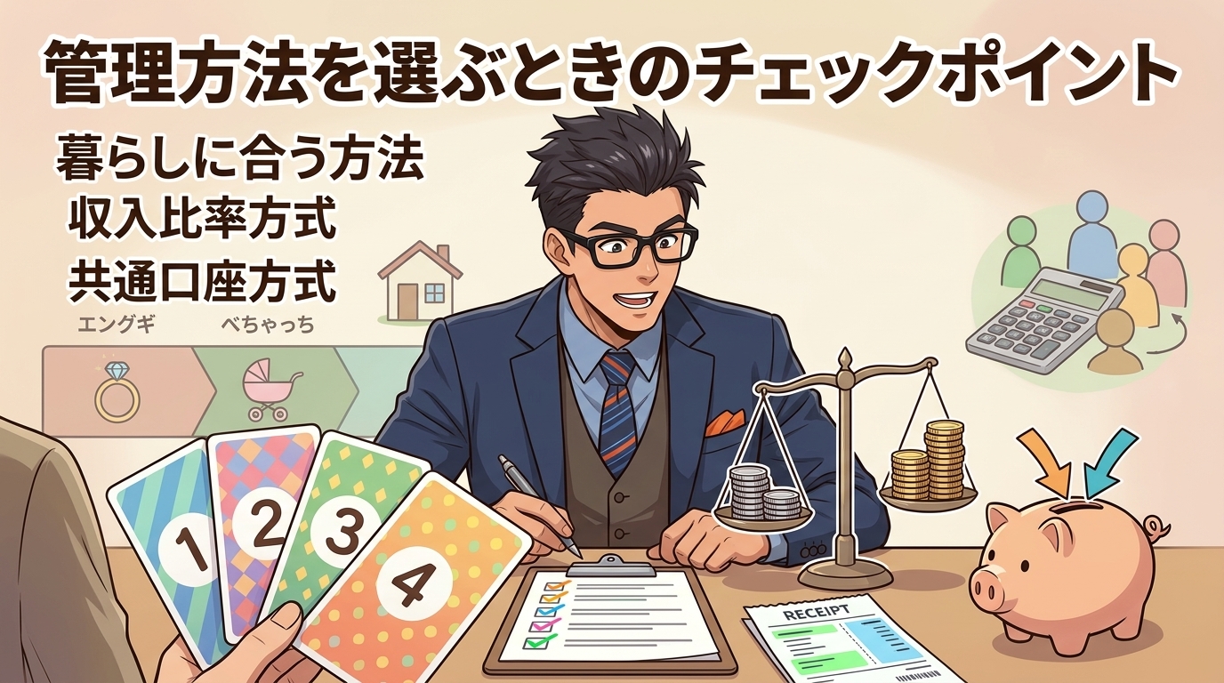 家計管理4パターンの選び方について暮らしに合う方法や収入比率方式や共通口座方式などの要素を描いたイラスト