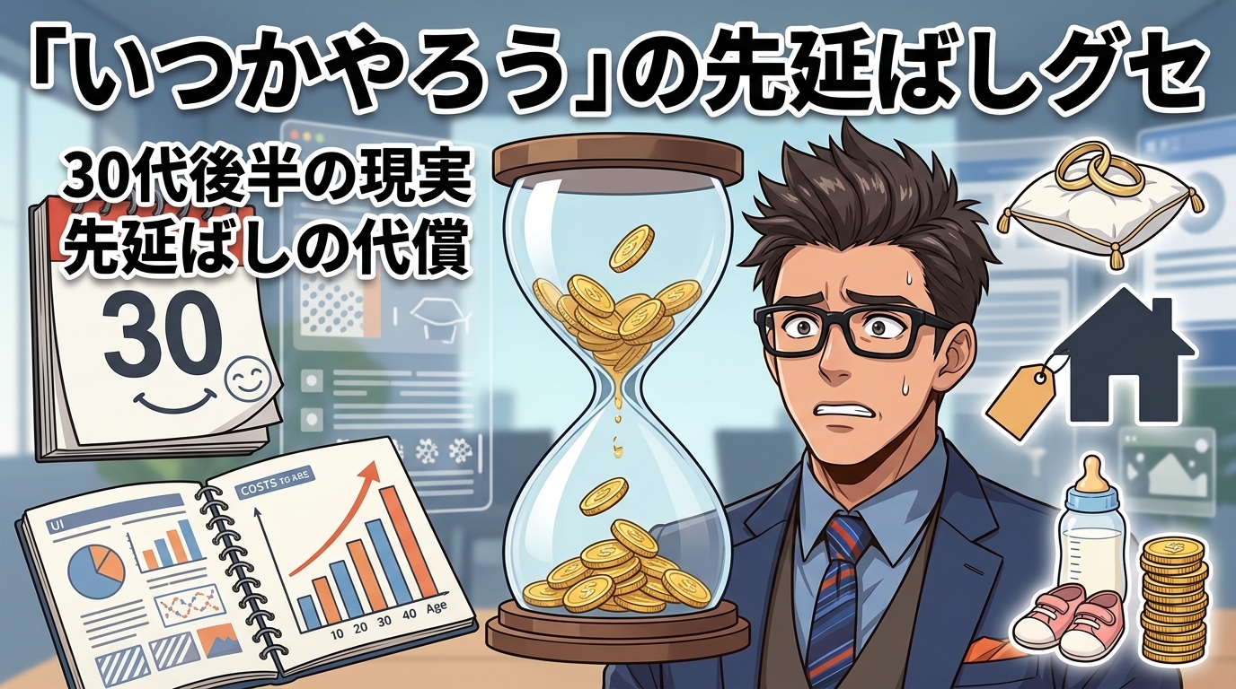 「まだ大丈夫」が一番高くつくについて30代後半の現実や先延ばしの代償などの要素を描いたイラスト