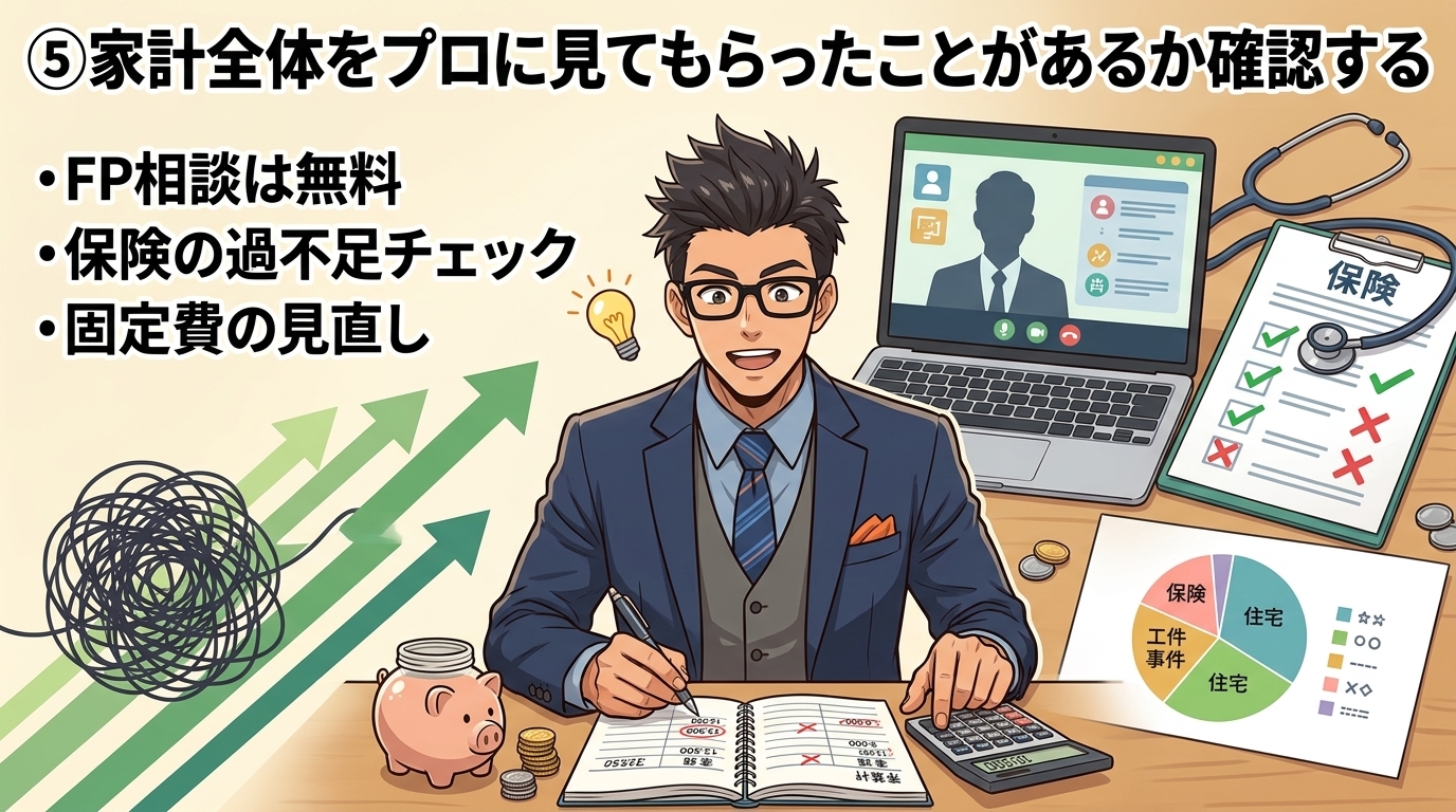 家計の健康診断についてFP相談は無料や保険の過不足チェックや固定費の見直しなどの要素を描いたイラスト