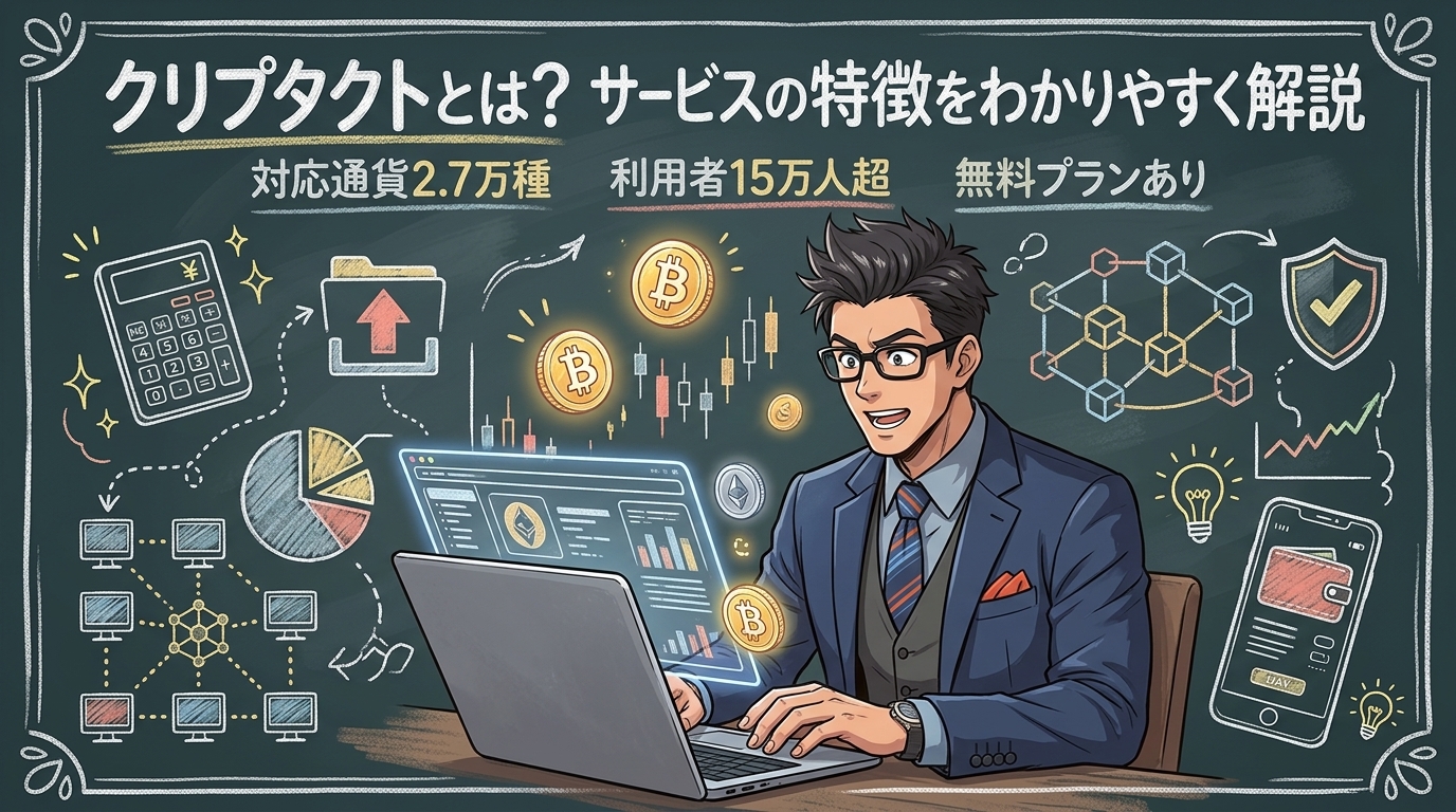 損益計算、まだ手作業でやってるの?について対応通貨2.7万種や利用者15万人超や無料プランありなどの要素を描いたイラスト