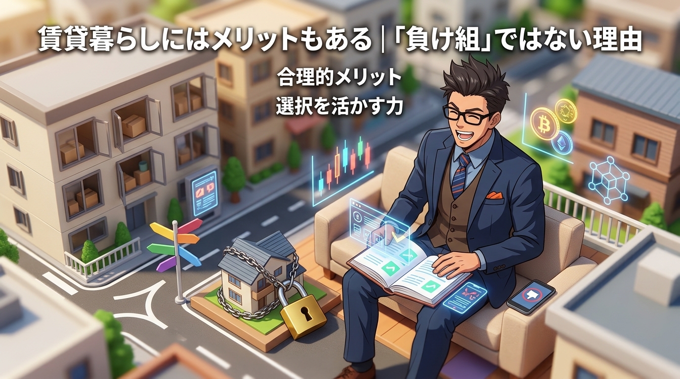 賃貸は「負け」じゃないについて合理的メリットや選択を活かす力などの要素を描いたイラスト