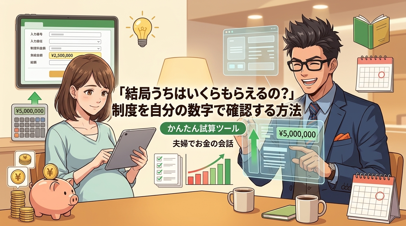 数字が見えたら不安は半分になるについてかんたん試算ツールや夫婦でお金の会話などの要素を描いたイラスト