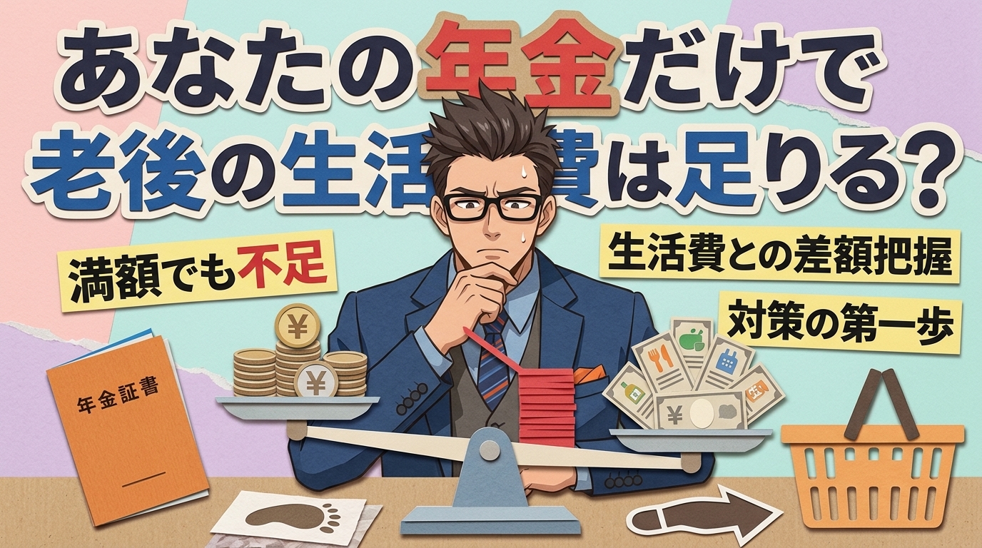毎月、赤字ですについて満額でも不足や生活費との差額把握や対策の第一歩などの要素を描いたイラスト