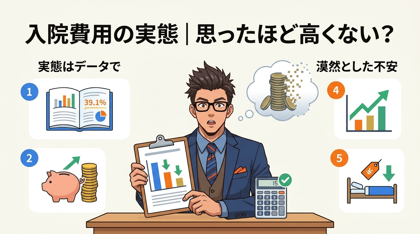 意外と安い?について実態はデータでや漠然とした不安などの要素を描いたイラスト