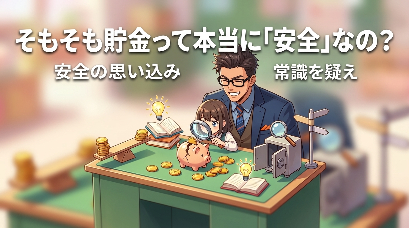 貯金の落とし穴について安全の思い込みや常識を疑えなどの要素を描いたイラスト