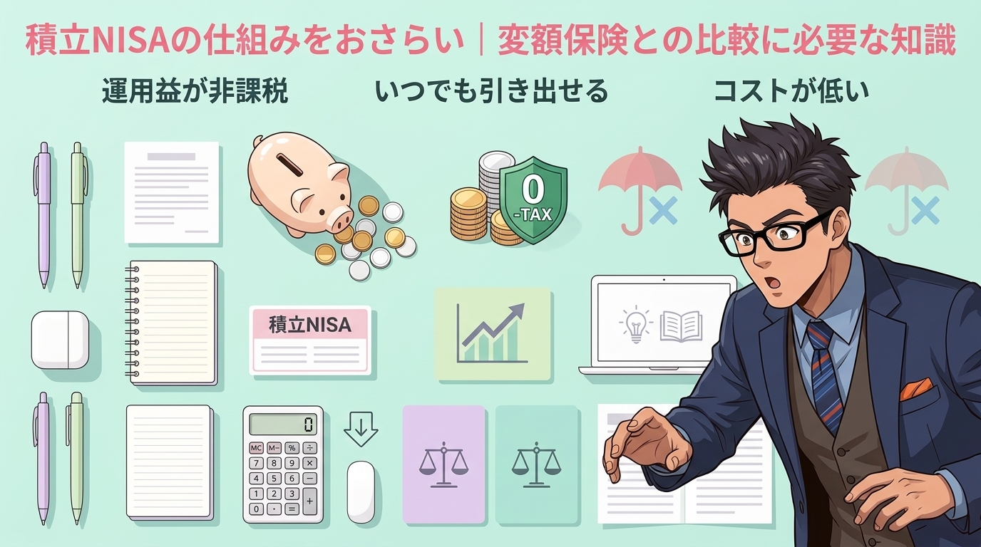 利益が非課税って、そんな制度あったの?について運用益が非課税やいつでも引き出せるやコストが低いなどの要素を描いたイラスト