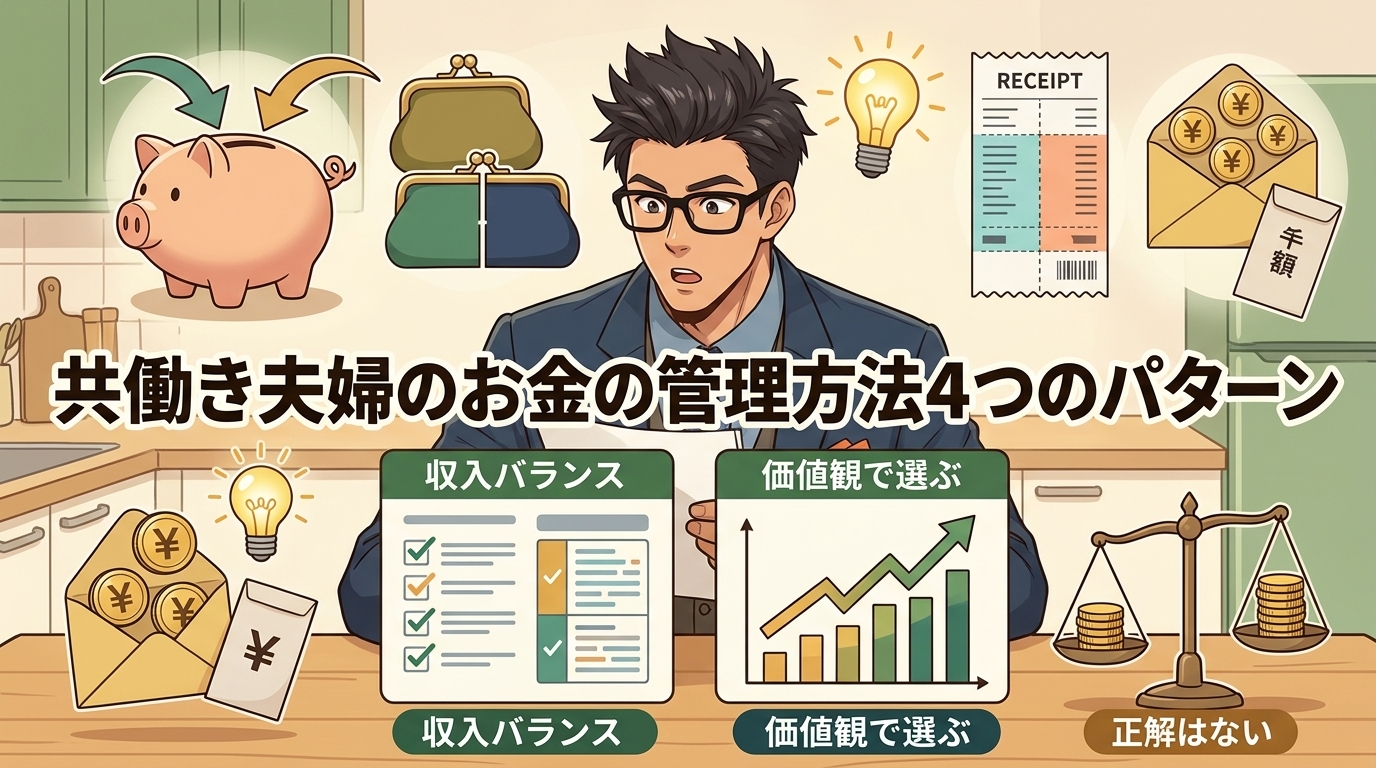 夫婦のお金 4つの管理術について収入バランスや価値観で選ぶや正解はないなどの要素を描いたイラスト