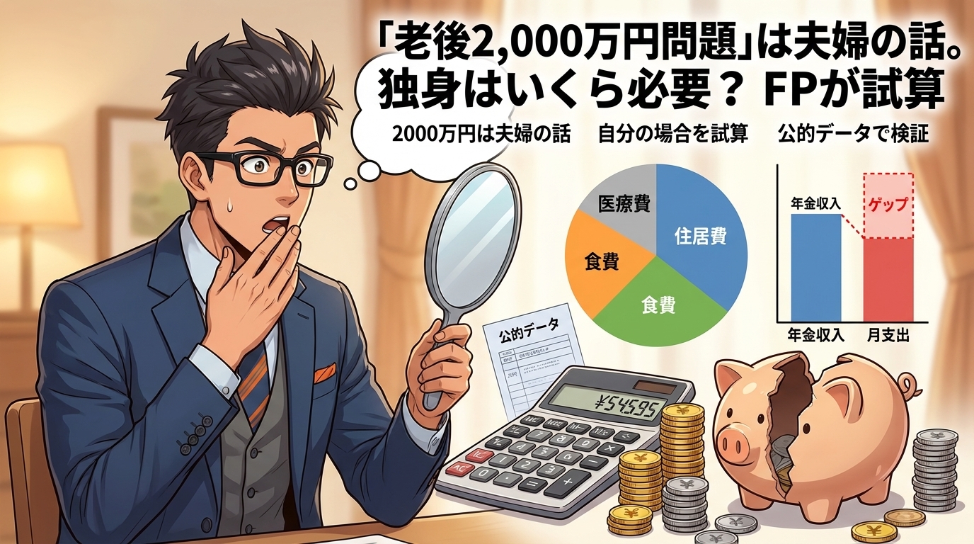 独身の老後、いくら?について2000万円は夫婦の話や自分の場合を試算や公的データで検証などの要素を描いたイラスト
