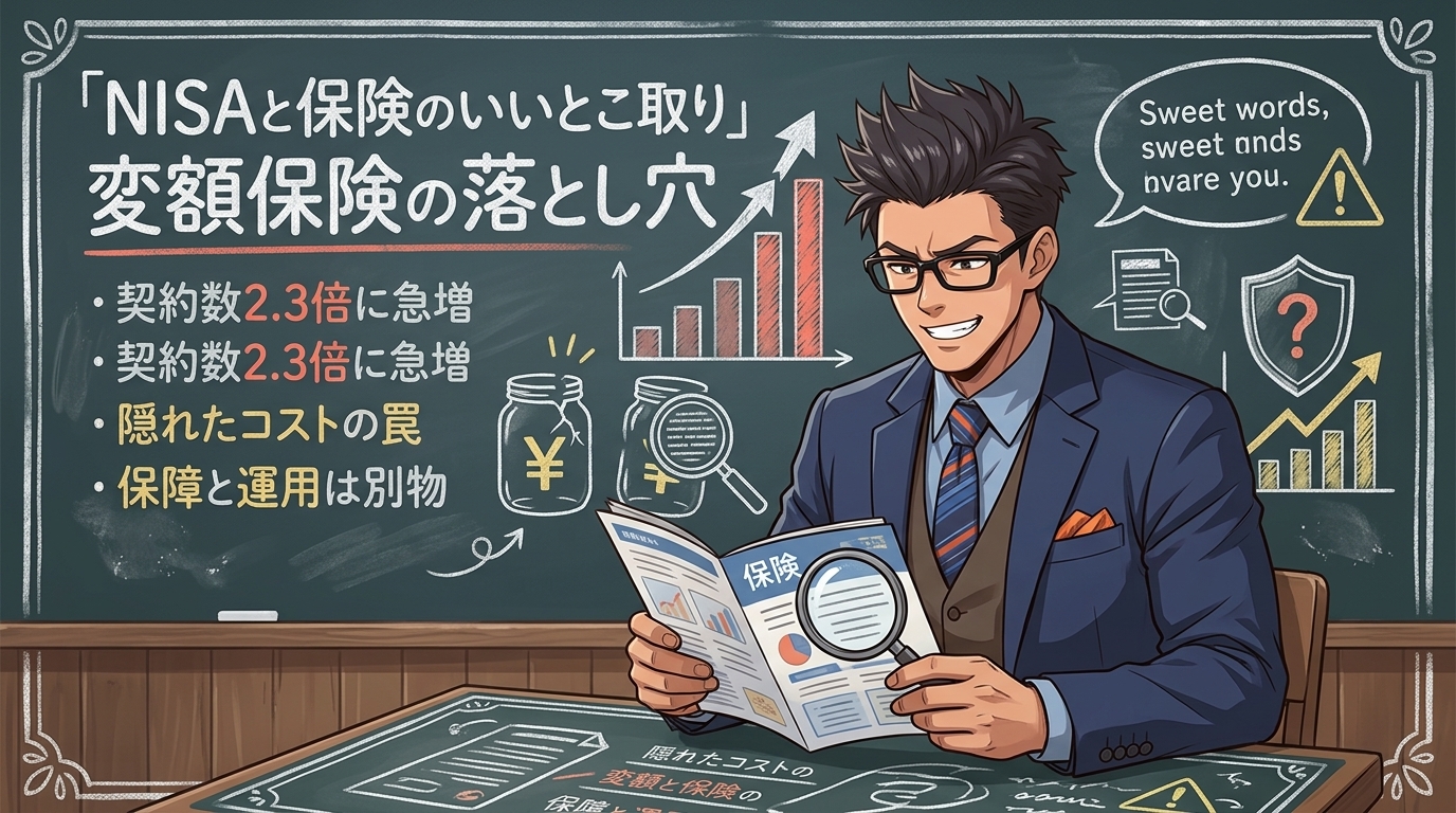 その保険、NISAの代わりになりませんについて契約数2.3倍に急増や隠れたコストの罠や保障と運用は別物などの要素を描いたイラスト