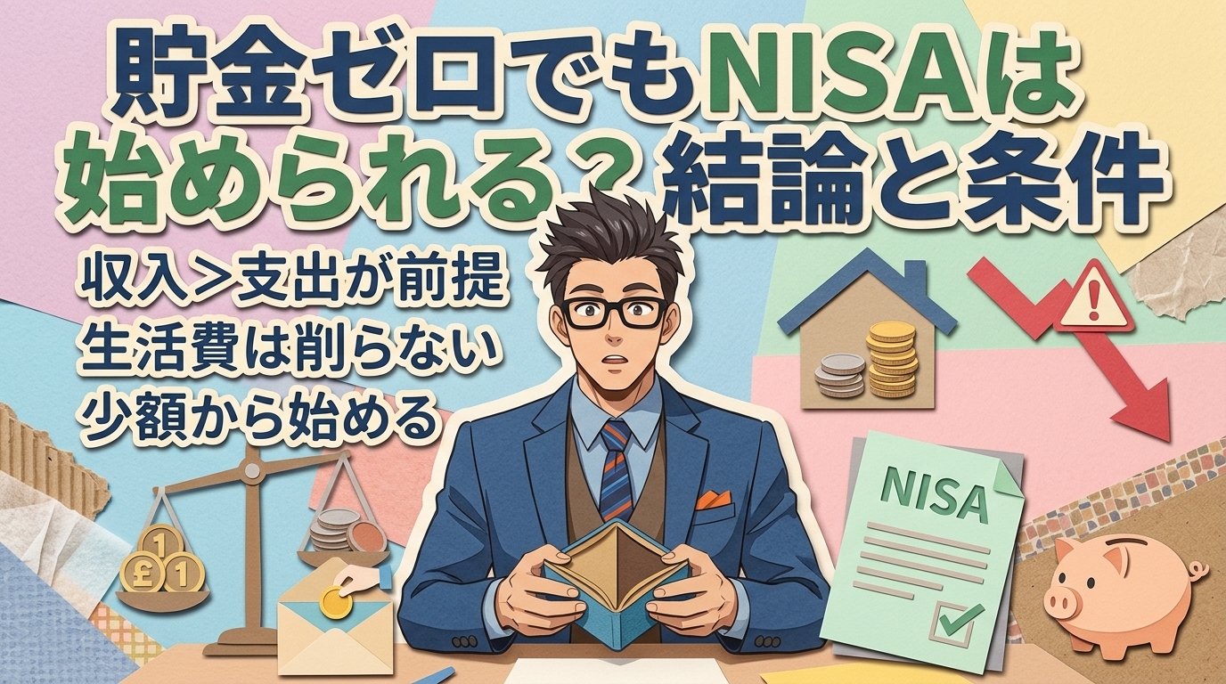 貯金ゼロでも、始められる条件があるについて収入>支出が前提や生活費は削らないや少額から始めるなどの要素を描いたイラスト