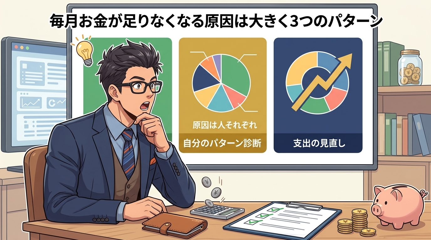 足りない理由、3つについて原因は人それぞれや自分のパターン診断や支出の見直しなどの要素を描いたイラスト