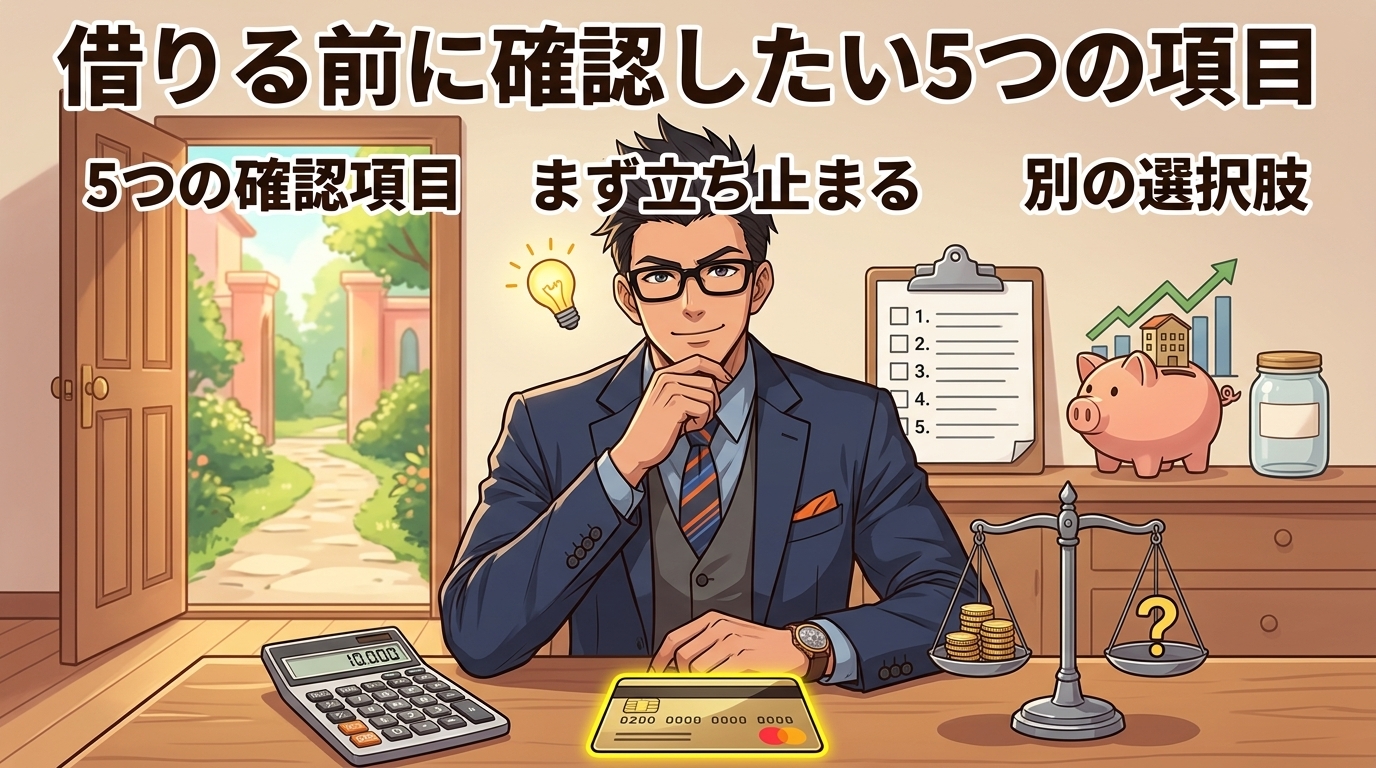借りなくて済むかもについて5つの確認項目やまず立ち止まるや別の選択肢などの要素を描いたイラスト