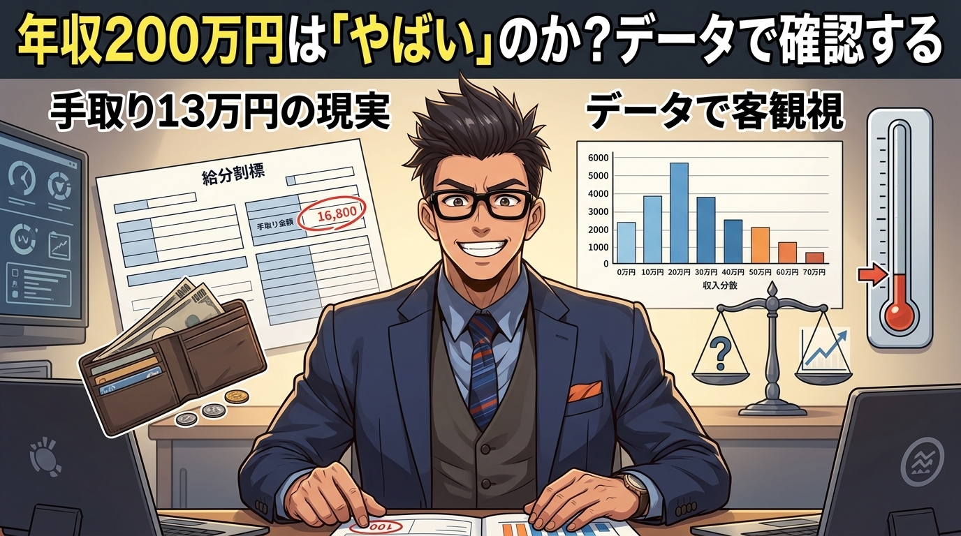 あなたの収入、本当に低い?について手取り13万円の現実やデータで客観視などの要素を描いたイラスト