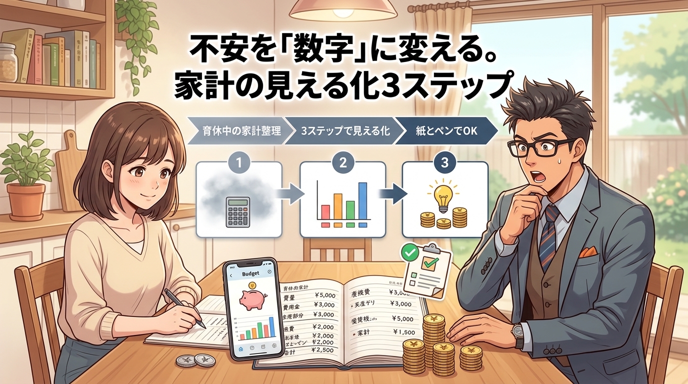 ざっくりでいい、書くだけで不安は消えるについて育休中の家計整理や3ステップで見える化や紙とペンでOKなどの要素を描いたイラスト