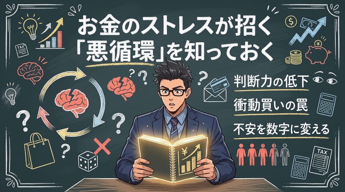 その不安、放置するほど深くなるについて判断力の低下や衝動買いの罠や不安を数字に変えるなどの要素を描いたイラスト