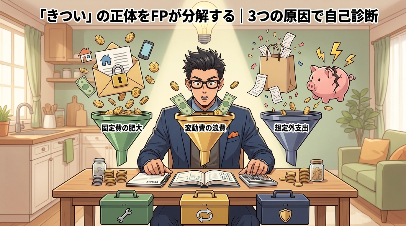 家計きついの主犯は?について固定費の肥大や変動費の浪費や想定外支出などの要素を描いたイラスト
