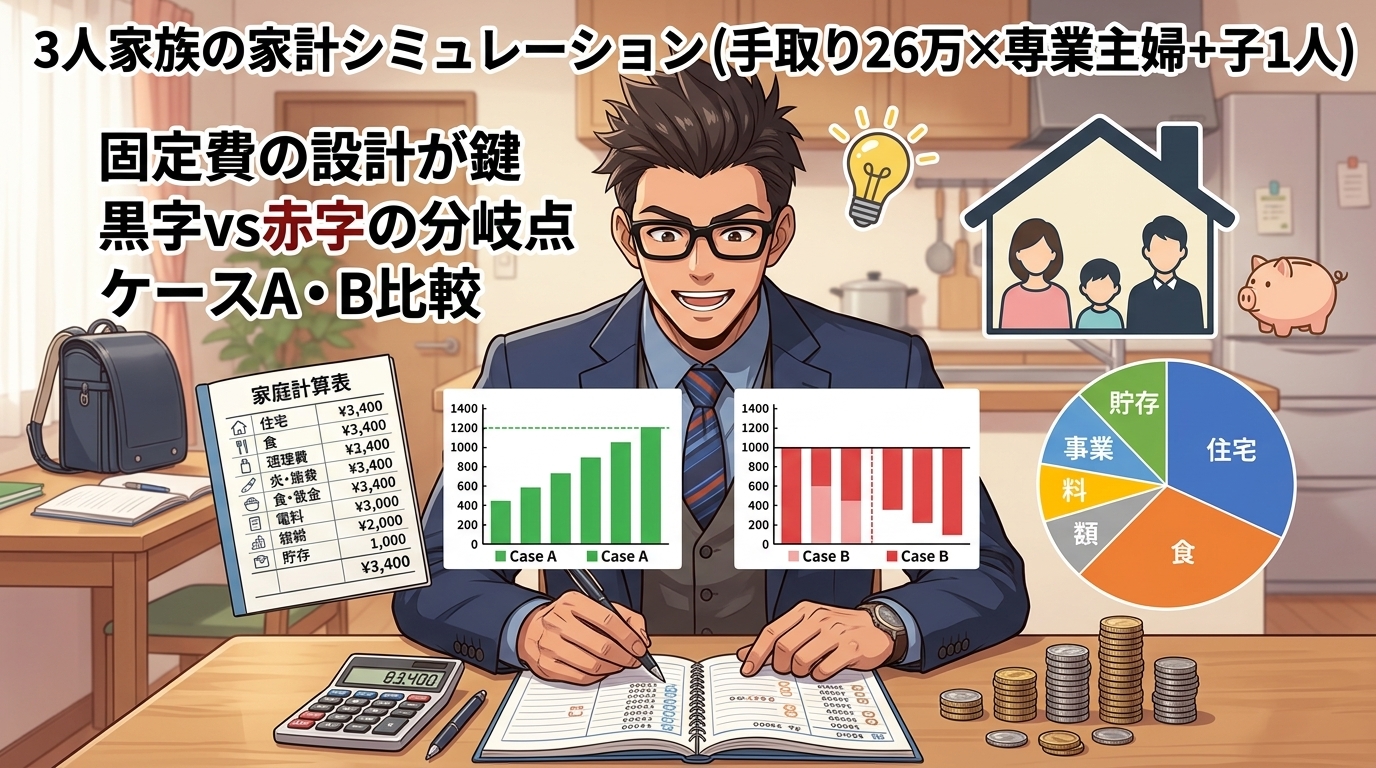 同じ手取りでも明暗が分かれる理由について固定費の設計が鍵や黒字vs赤字の分岐点やケースA・B比較などの要素を描いたイラスト