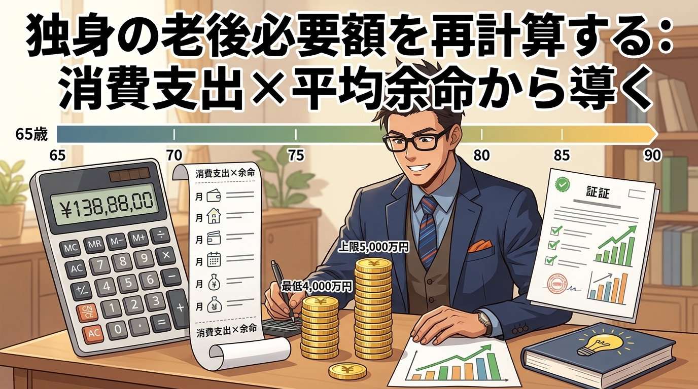 老後、いくら要る?について最低4,000万円や上限5,000万円や消費支出×余命などの要素を描いたイラスト
