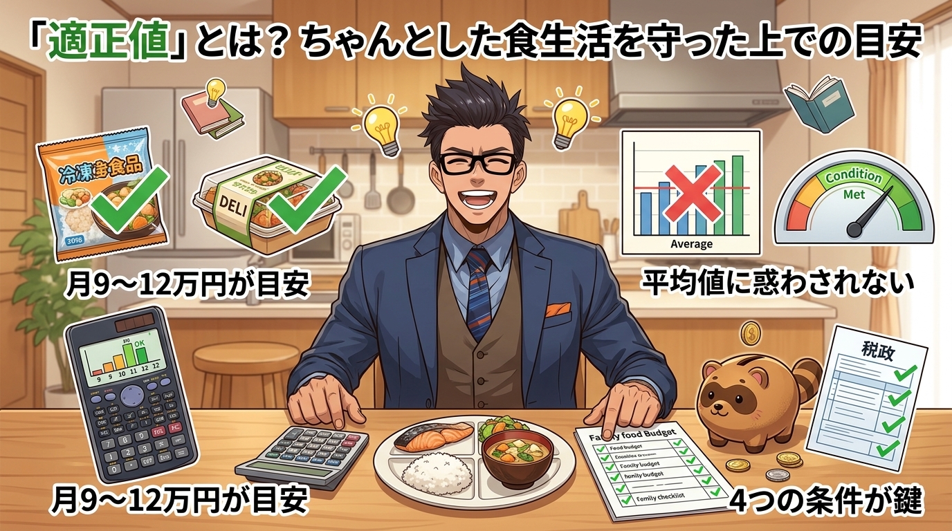 食費の正解は幅で見るについて月9〜12万円が目安や平均値に惑わされないや4つの条件が鍵などの要素を描いたイラスト