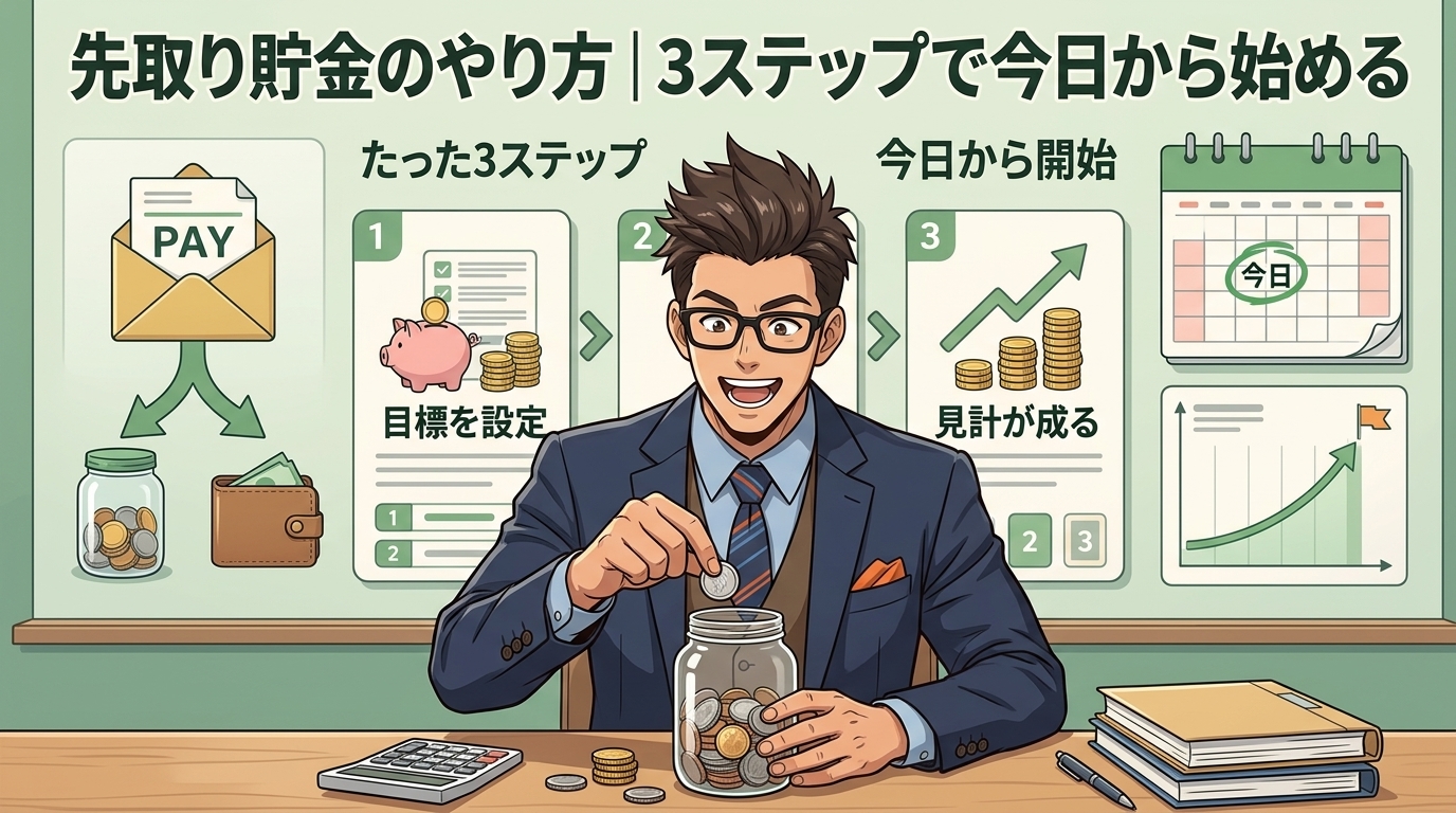 先に貯める、だけについてたった3ステップや今日から開始などの要素を描いたイラスト