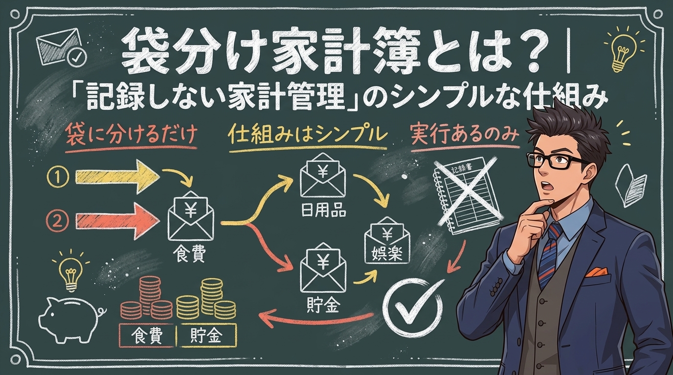 記録しない家計術について袋に分けるだけや仕組みはシンプルや実行あるのみなどの要素を描いたイラスト