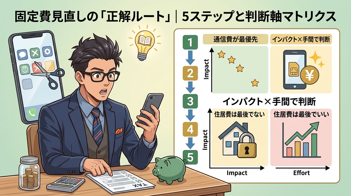 削る順番が9割について通信費から着手やインパクト×手間で判断や住居費は最後でいいなどの要素を描いたイラスト