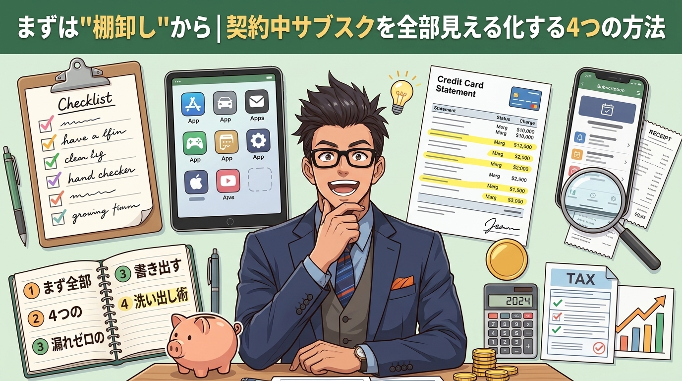 見えないサブスクは絶対に減らせないについてまず全部書き出すや4つの洗い出し術や漏れゼロの棚卸しなどの要素を描いたイラスト