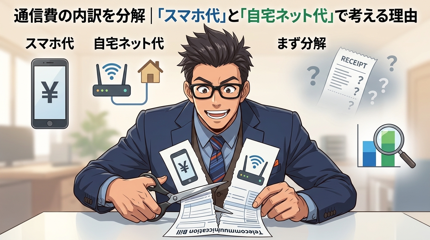 分けたら見えたについてスマホ代や自宅ネット代やまず分解などの要素を描いたイラスト