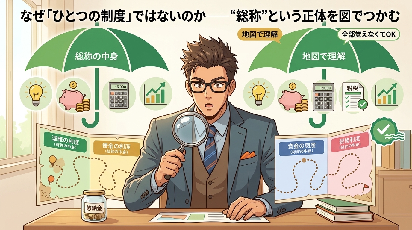 5つの正体について総称の中身や地図で理解や全部覚えなくてOKなどの要素を描いたイラスト