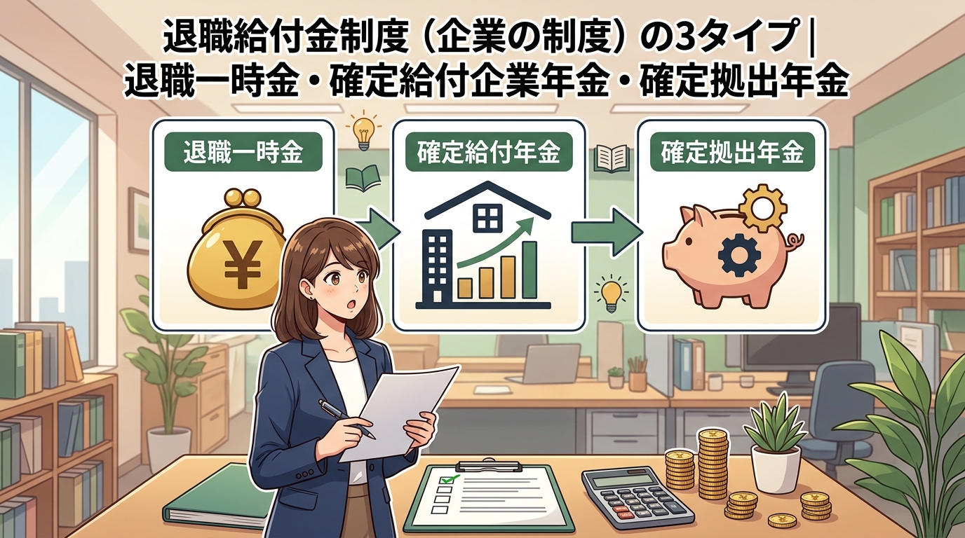 退職金、3つの顔について退職一時金や確定給付年金や確定拠出年金などの要素を描いたイラスト