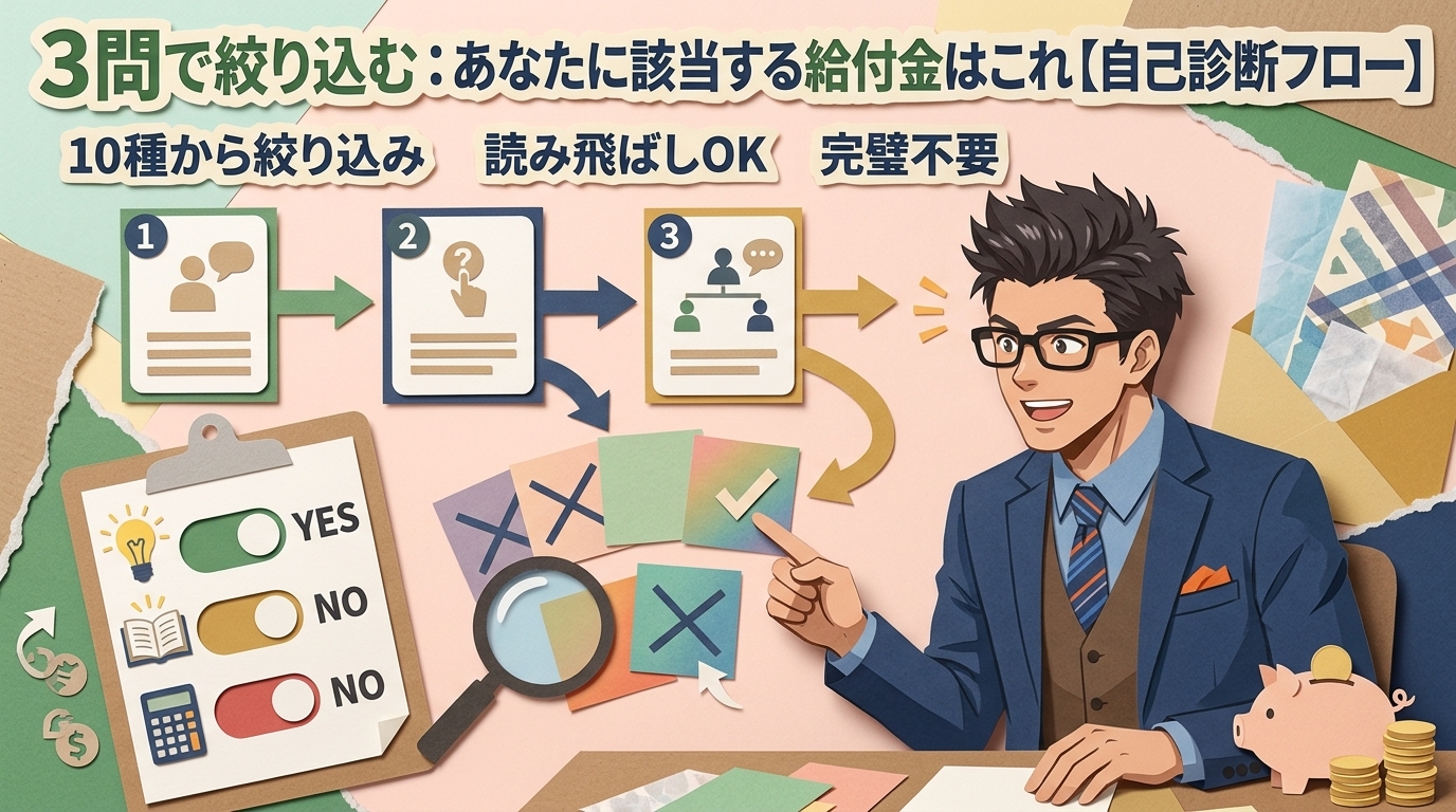 3問で見つかるについて10種から絞り込みや読み飛ばしOKや完璧不要などの要素を描いたイラスト