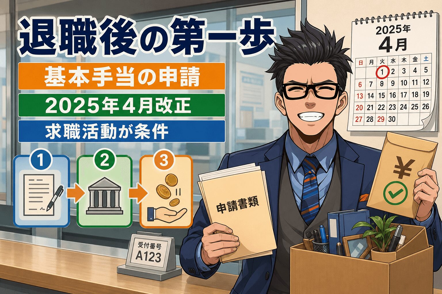 退職後の第一歩について基本手当の申請や2025年4月改正や求職活動が条件などの要素を描いたイラスト