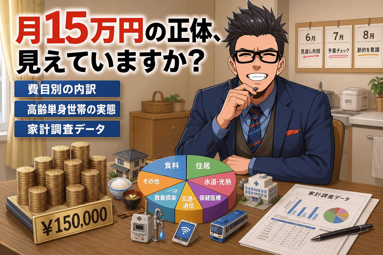 月15万円の正体、見えていますか?について費目別の内訳や高齢単身世帯の実態や家計調査データなどの要素を描いたイラスト
