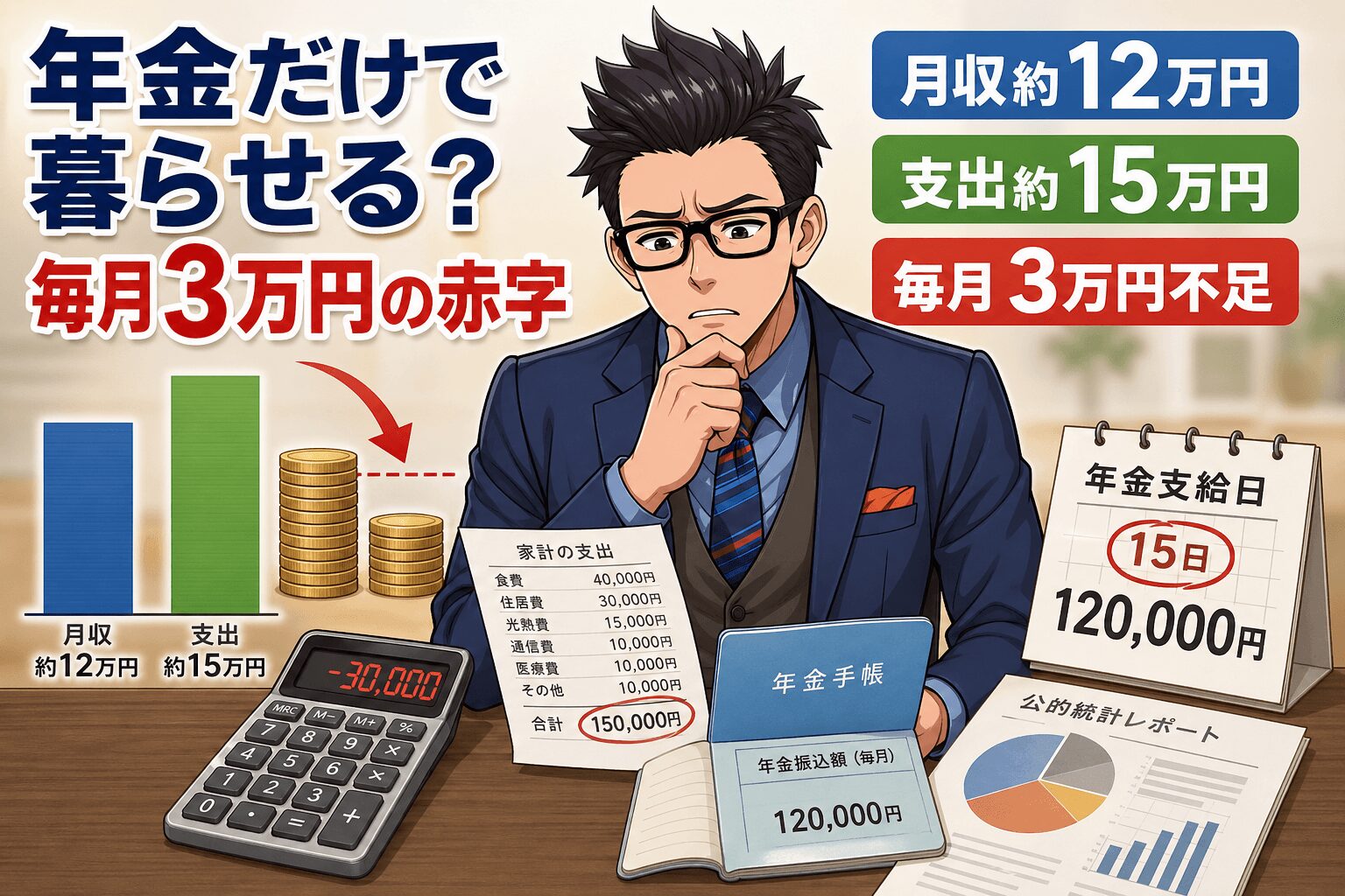 年金だけで暮らせる?毎月3万円の赤字について月収約12万円や支出約15万円や毎月3万円不足などの要素を描いたイラスト