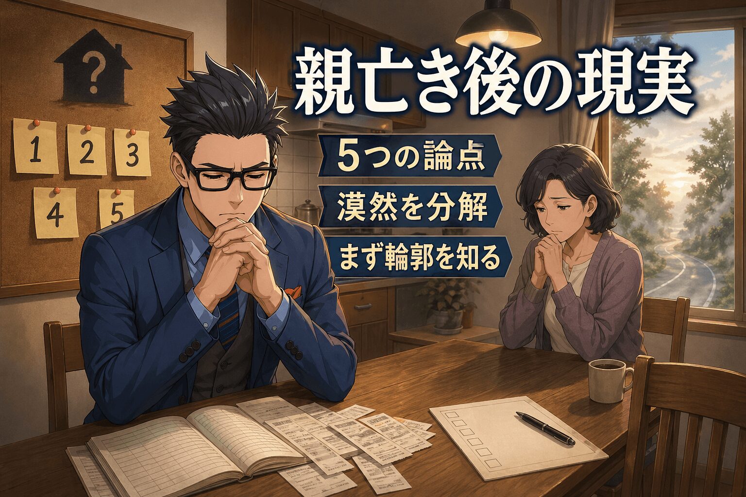 親亡き後の現実について5つの論点や漠然を分解やまず輪郭を知るなどの要素を描いたイラスト