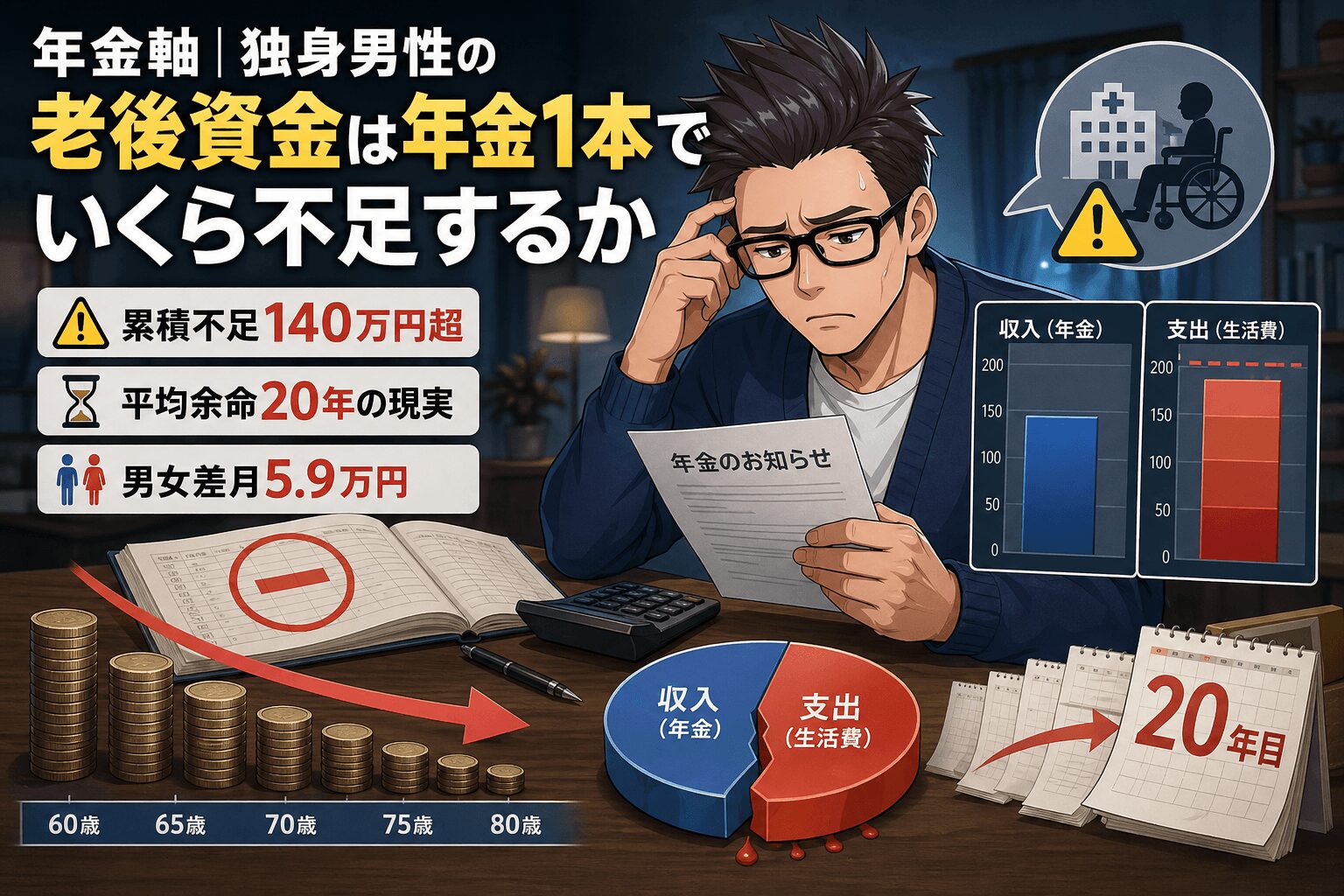 年金だけで安心?月6,000円の赤字が招く未来について累積不足140万円超や平均余命20年の現実や男女差月5.9万円などの要素を描いたイラスト
