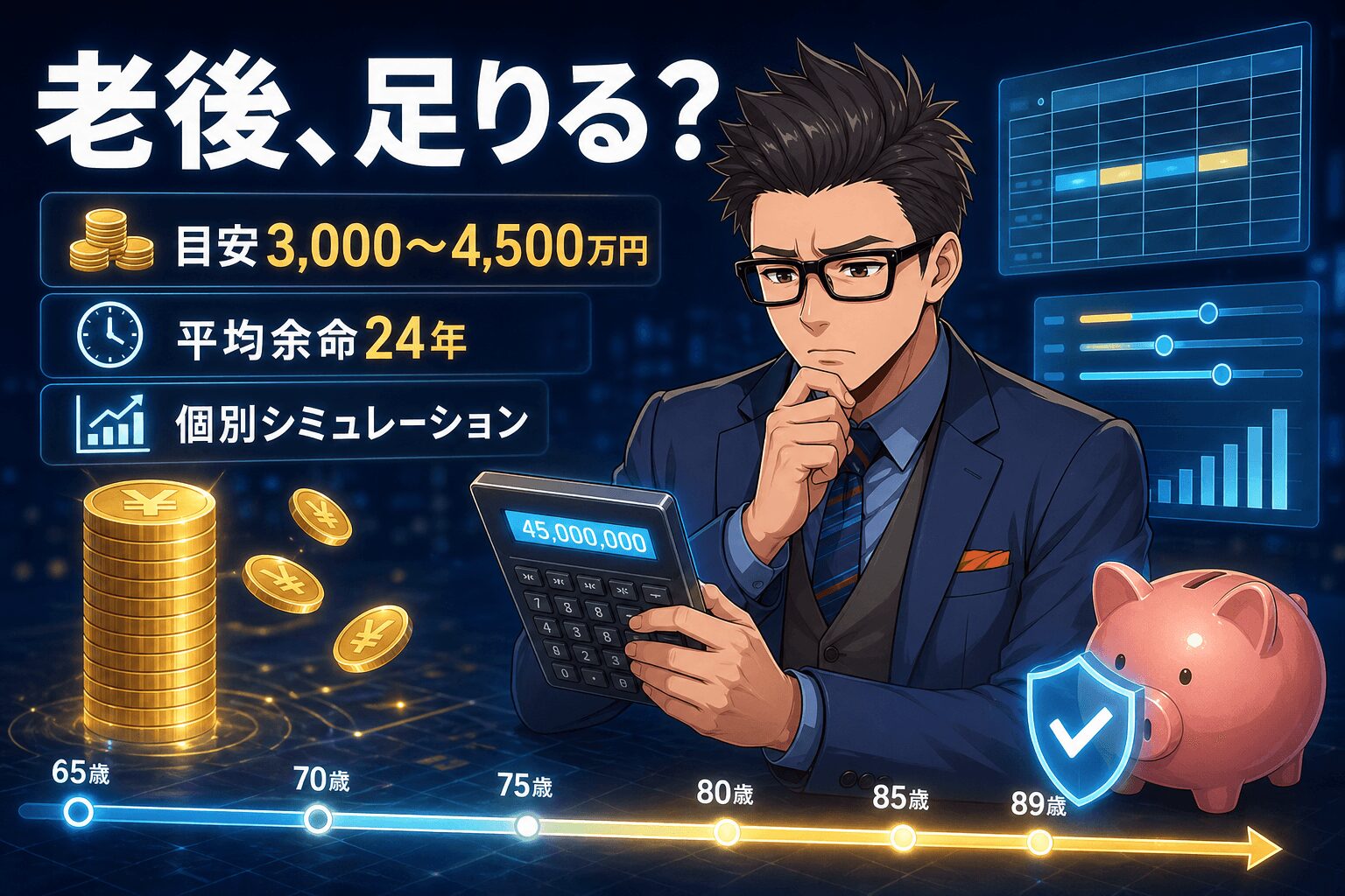 老後、足りる?について目安3,000〜4,500万円や平均余命24年や個別シミュレーションなどの要素を描いたイラスト
