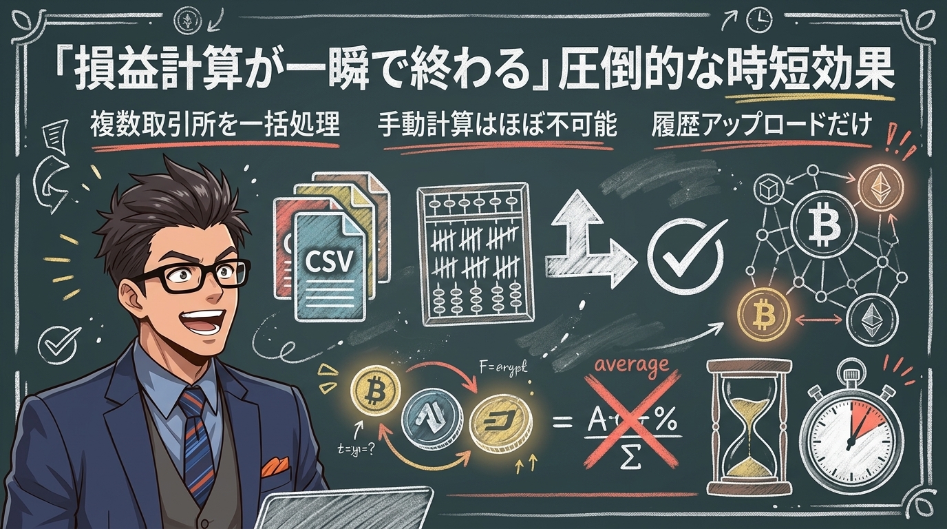 何日もかかる計算が、数分で終わったについて複数取引所を一括処理や手動計算はほぼ不可能や履歴アップロードだけなどの要素を描いたイラスト