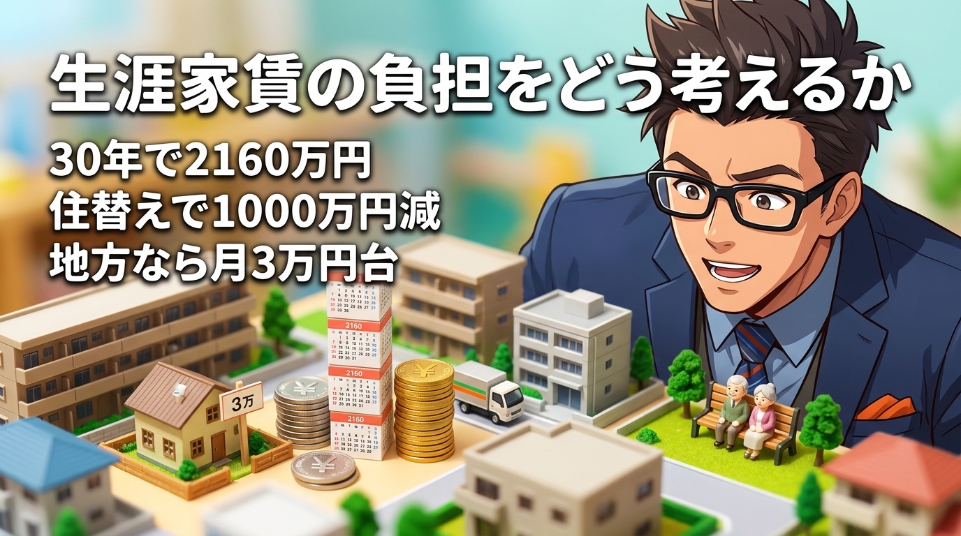 老後の家賃、半額にできるについて30年で2160万円や住替えで1000万円減や地方なら月3万円台などの要素を描いたイラスト