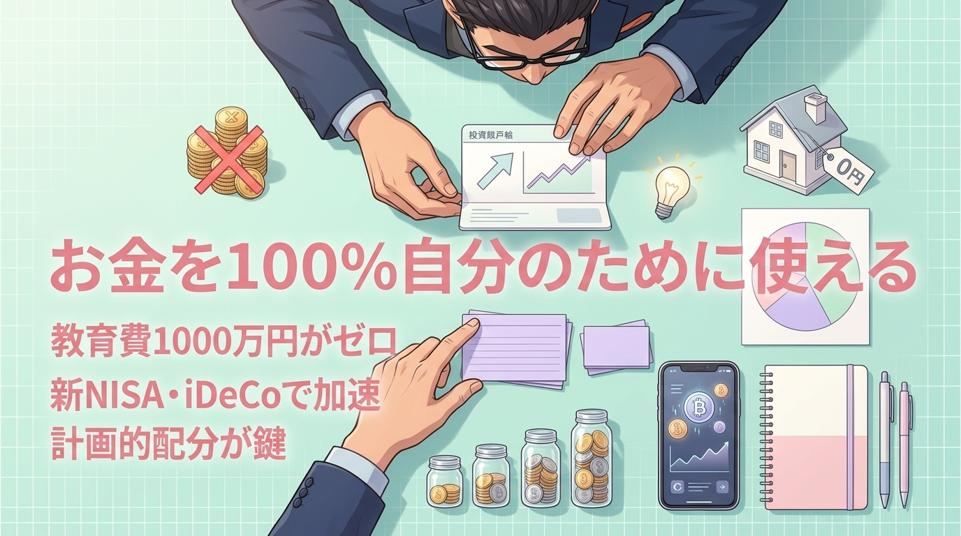 全額自分に投資できる強さについて教育費1000万円がゼロや新NISA・iDeCoで加速や計画的配分が鍵などの要素を描いたイラスト