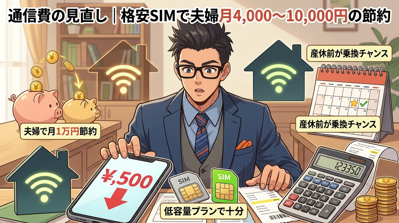 スマホ代、払いすぎてない?について夫婦で月1万円節約や産休前が乗換チャンスや低容量プランで十分などの要素を描いたイラスト