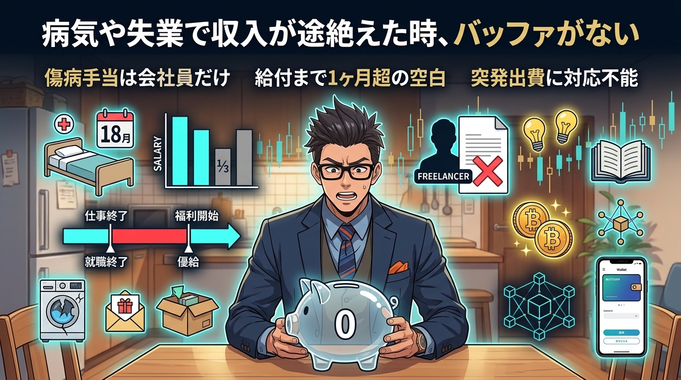 収入ゼロでも生活は止まらないについて傷病手当は会社員だけや給付まで1ヶ月超の空白や突発出費に対応不能などの要素を描いたイラスト