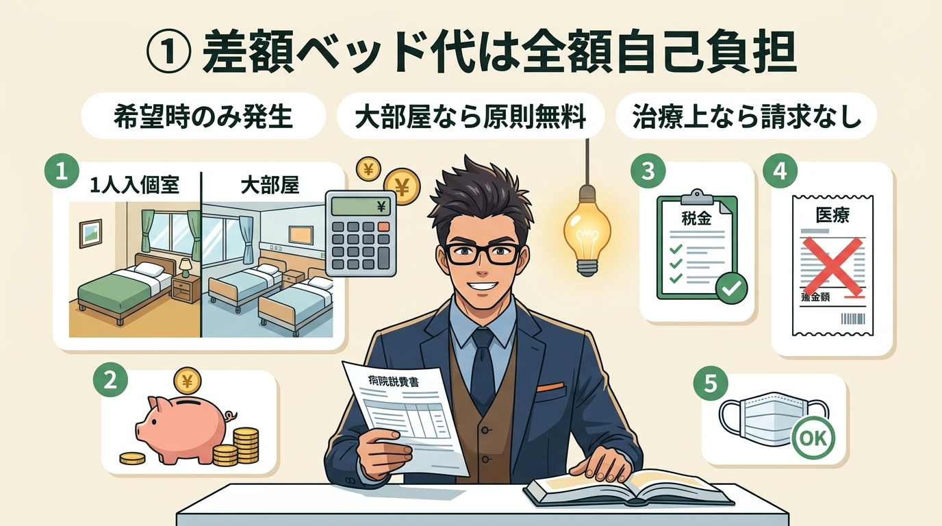 個室代の誤解について希望時のみ発生や大部屋なら原則無料や治療上なら請求なしなどの要素を描いたイラスト