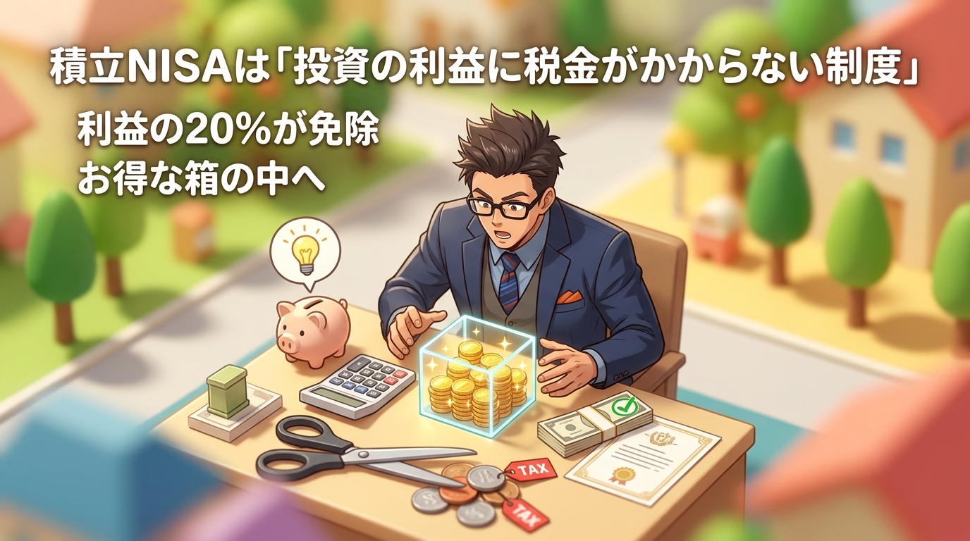 非課税という武器について利益の20%が免除やお得な箱の中へなどの要素を描いたイラスト