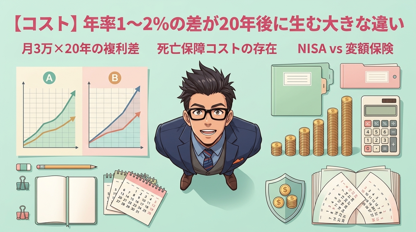 たった1%の差が、20年後に190万円を奪うについて月3万×20年の複利差や死亡保障コストの存在やNISA vs 変額保険などの要素を描いたイラスト