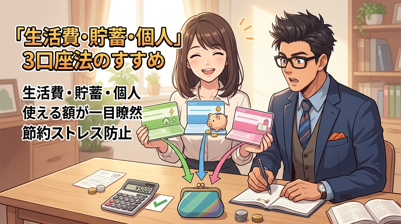 口座分けでお金を見える化について生活費・貯蓄・個人や使える額が一目瞭然や節約ストレス防止などの要素を描いたイラスト